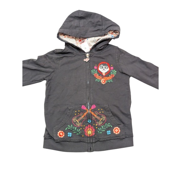 Disney Coco‎ Movie Zip Up Hoodie Embroidered Art Gray Kids Size 9/10 - Picture 7 of 11